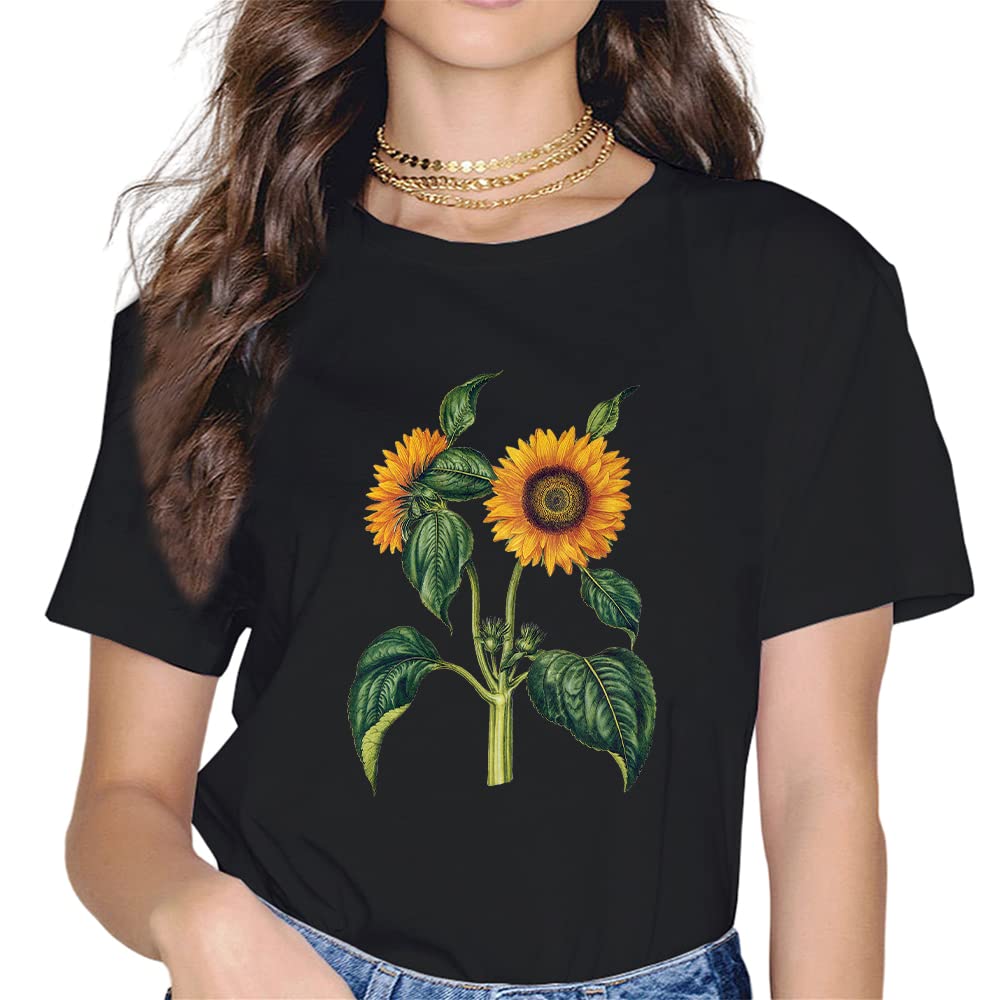 Women Sunflower Sunshine Floral Flower Fashion Short Sleeve Casual Round Neck T-Shirt