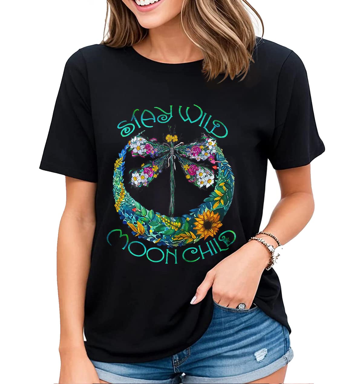 Colorful Dragonfly Graphic T-Shirt Womens Fun Insect Dragonfly Lovers Casual Tops