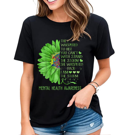Women's Tshirt Mental Health Awareness Tee Green Ribbon Animal Botanical Graphic Casual Short Sleeve Tops