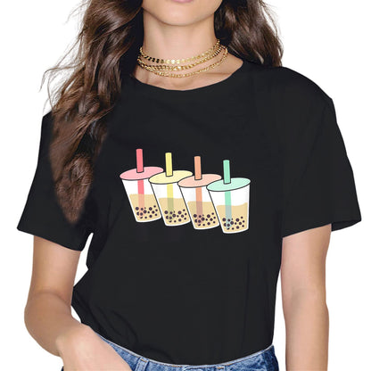 Women Kawaii Boba Bubble Tea Tops Girl Short Sleeve Casual Round Neck Tees