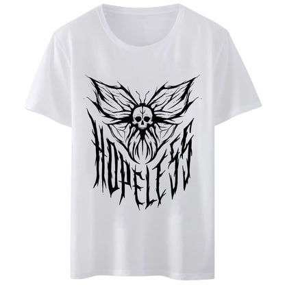 Women T-Shirt Hopeless Skull Butterfly Print Round Neck Tops Short Sleeve Casual Tee