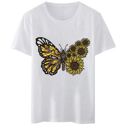 Women T-Shirt Sunflower Wing Butterfly Print Round Neck Tops Short Sleeve Casual Tee