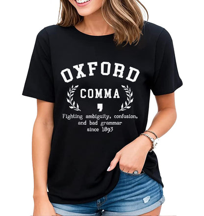 Retro Team Oxford Comma Graphic T-Shirt Womens Fun Grammar Casual Short-Sleeved Tops