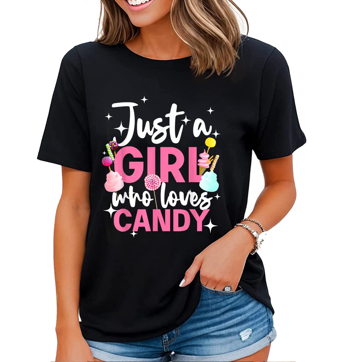 Cute Candy Design Shirt for Women Girls Kids Sweets Candy Lover Casual Short Sleeve Tops