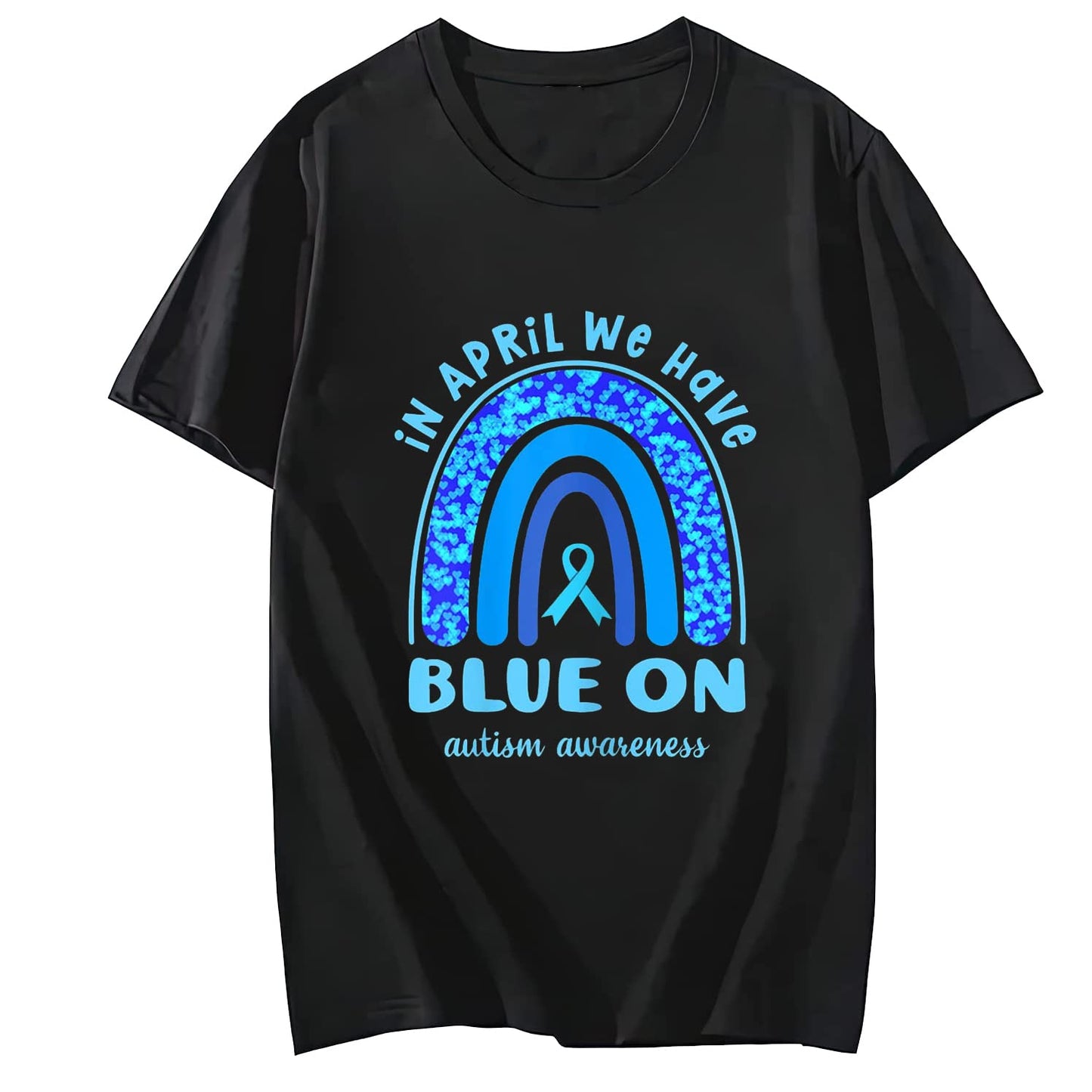 We Wear Blue for Autism Awareness T-Shirt Summer Casual Round Neck Short Sleeved Top
