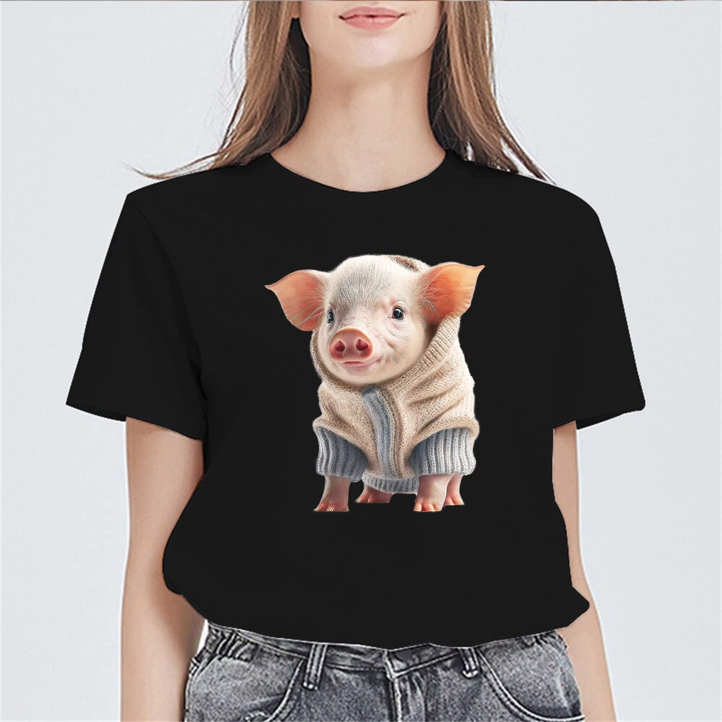 Cute Little Pig Print Short Sleeve Round Neck T Shirts for Women Tops