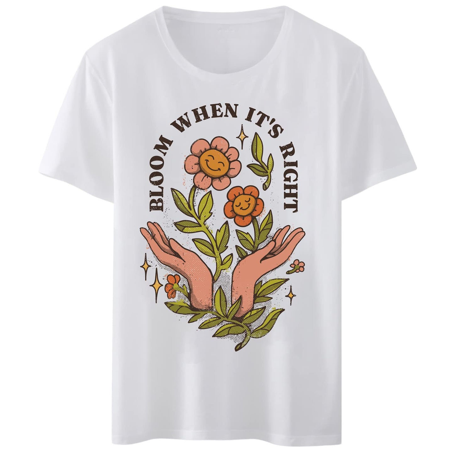 Women T-Shirt Bloom When It's Right Cute Flower Hands Funny Print T-Shirt Round Neck Casual Tee