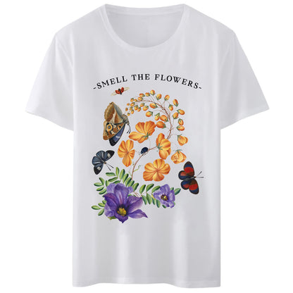 Women T-Shirt Smell The Flowers Butterfly Print T-Shirt Round Neck Tops Short Sleeve Casual Tee