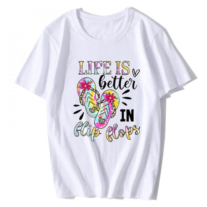 T-Shirt for Women Hello Summer Graphic Shirt Vacation Beach Style Casual Short-Sleeved Tops