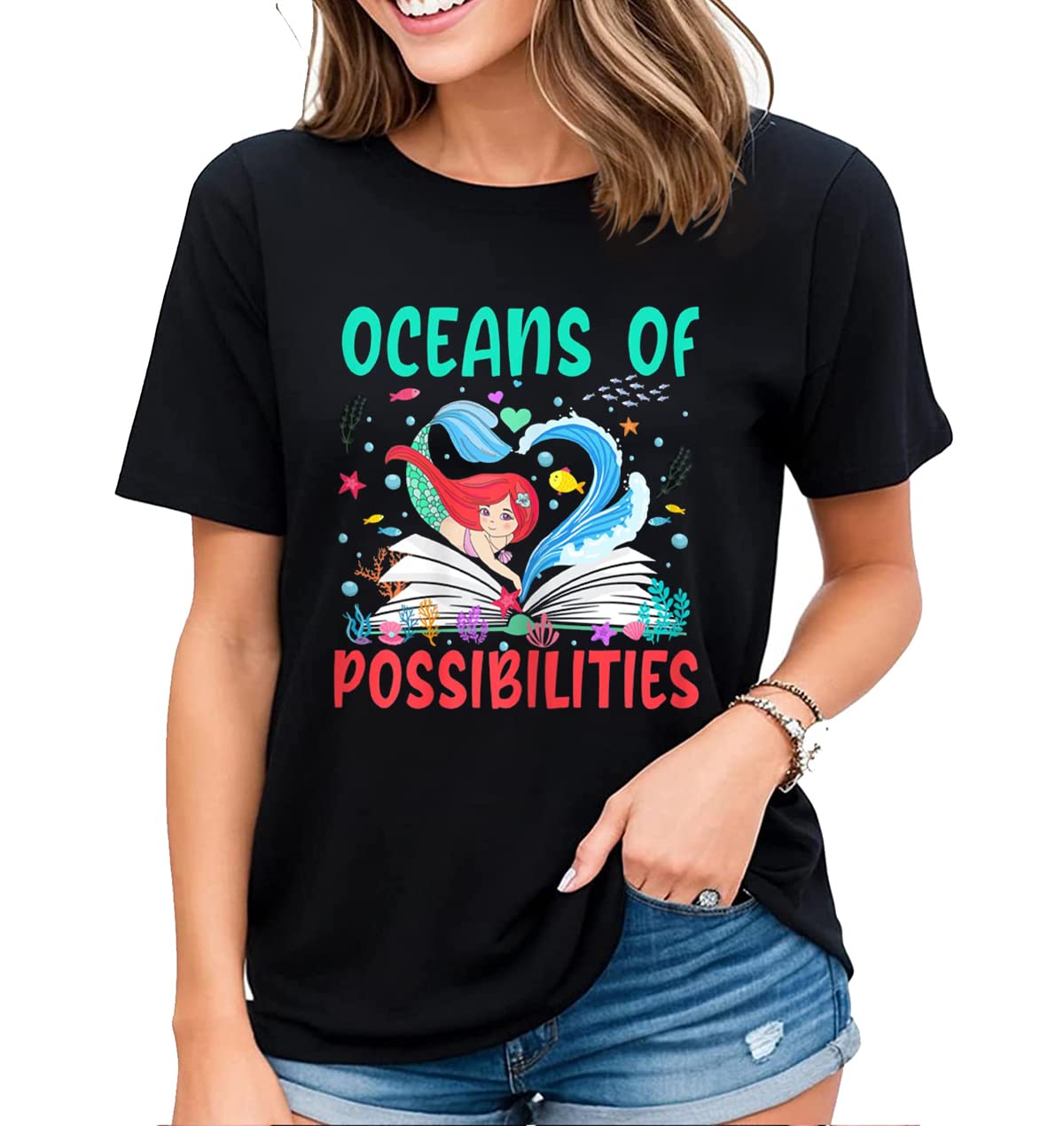 Women's Tshirt Reading Librarian Shirt Ocean of Possibilities Casual Summer Tops