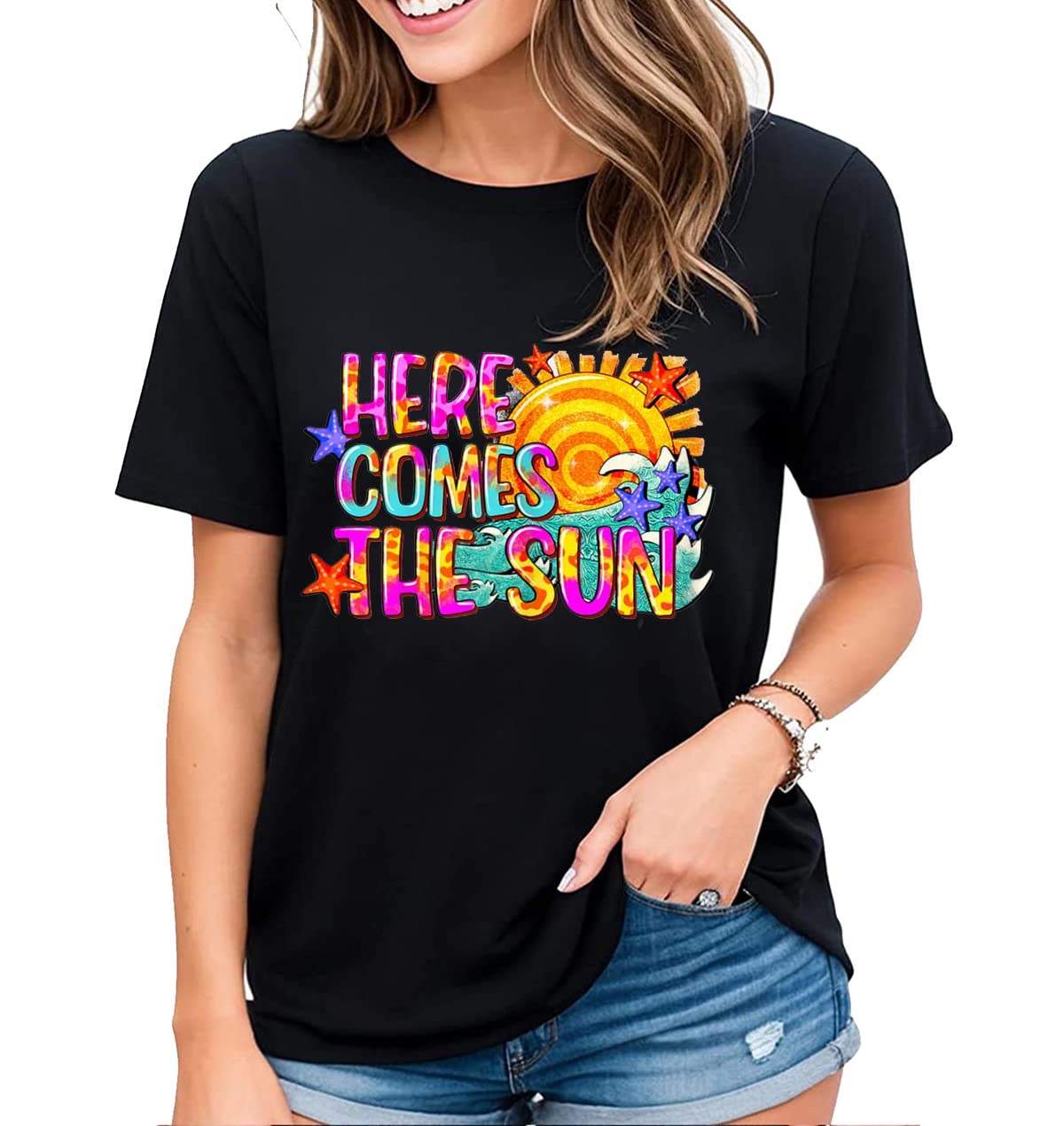 Welcome Sunshine with our "Here Comes The Sun" Women's T-Shirt
