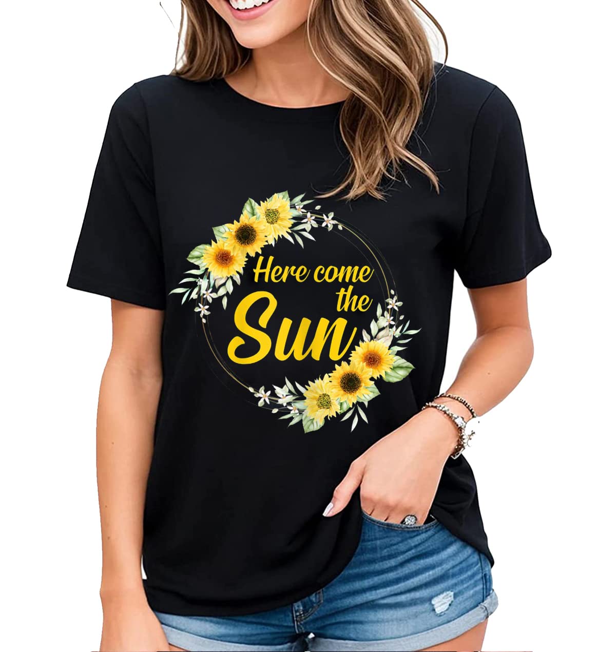 Welcome Sunshine with our "Here Comes The Sun" Hippie Flowers Graphic Shirt