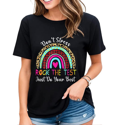 Womens Rainbow Graphics Rock The Test Testing Day Tee Cheer Encouragement Casual Short-Sleeved Tops