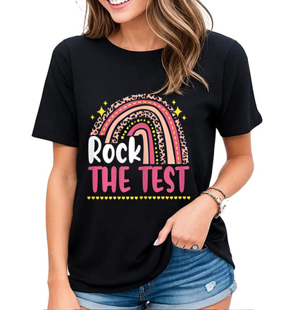 Womens Rainbow Graphics Rock The Test Testing Day Tee Cheer Encouragement Casual Short-Sleeved Tops
