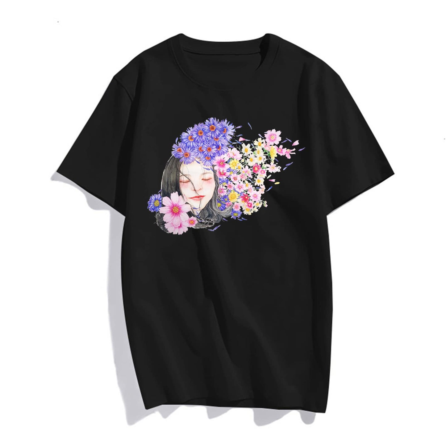 Women Ancient Style Human Face Flowering Bushes Print T-Shirt Fashion Casual Short-Sleeved Tops