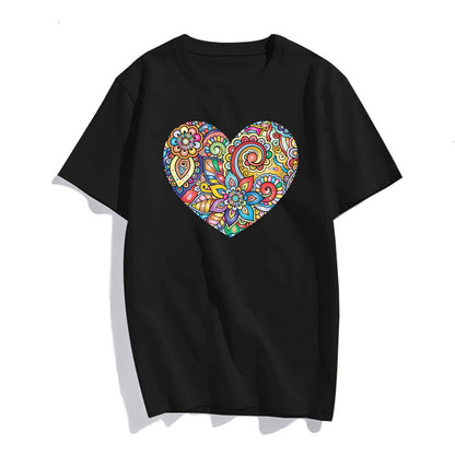 Womens Mandala Heart Shape Graphic Tees Vintage Short Sleeve T Shirts for Women Summer Top