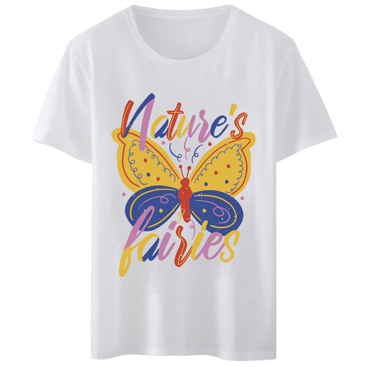 Women T-Shirt Nature's Fairies Butterfly Print Round Neck Tops Short Sleeve Casual Tee