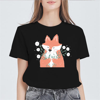 Funny Fox T-Shirt Women Teenagers Short-Sleeved Round Neck Tops