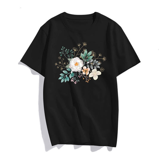 White Flower Graphic Tshirts Casual Short Sleeve Tops Women's Teens Girl