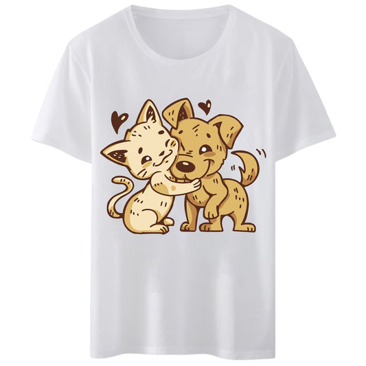 Women T-Shirt Cute Cat and Dog Funny Print T-Shirt Round Neck Tops Short Sleeve Casual Tee