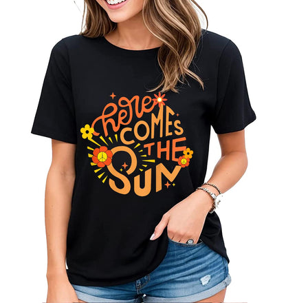 Welcome Sunshine with our "Here Comes The Sun" Hippie Flowers Graphic Shirt