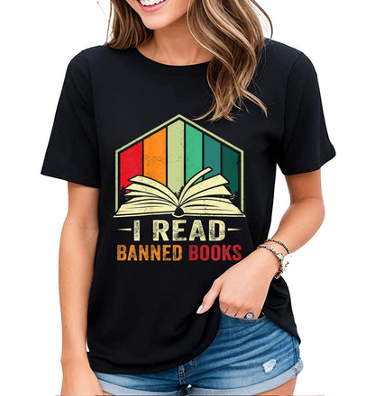 Womens Fun Graphic I Read Banned Books T-Shirt Banned Books Lovers Gift Casual Short-Sleeved Tops