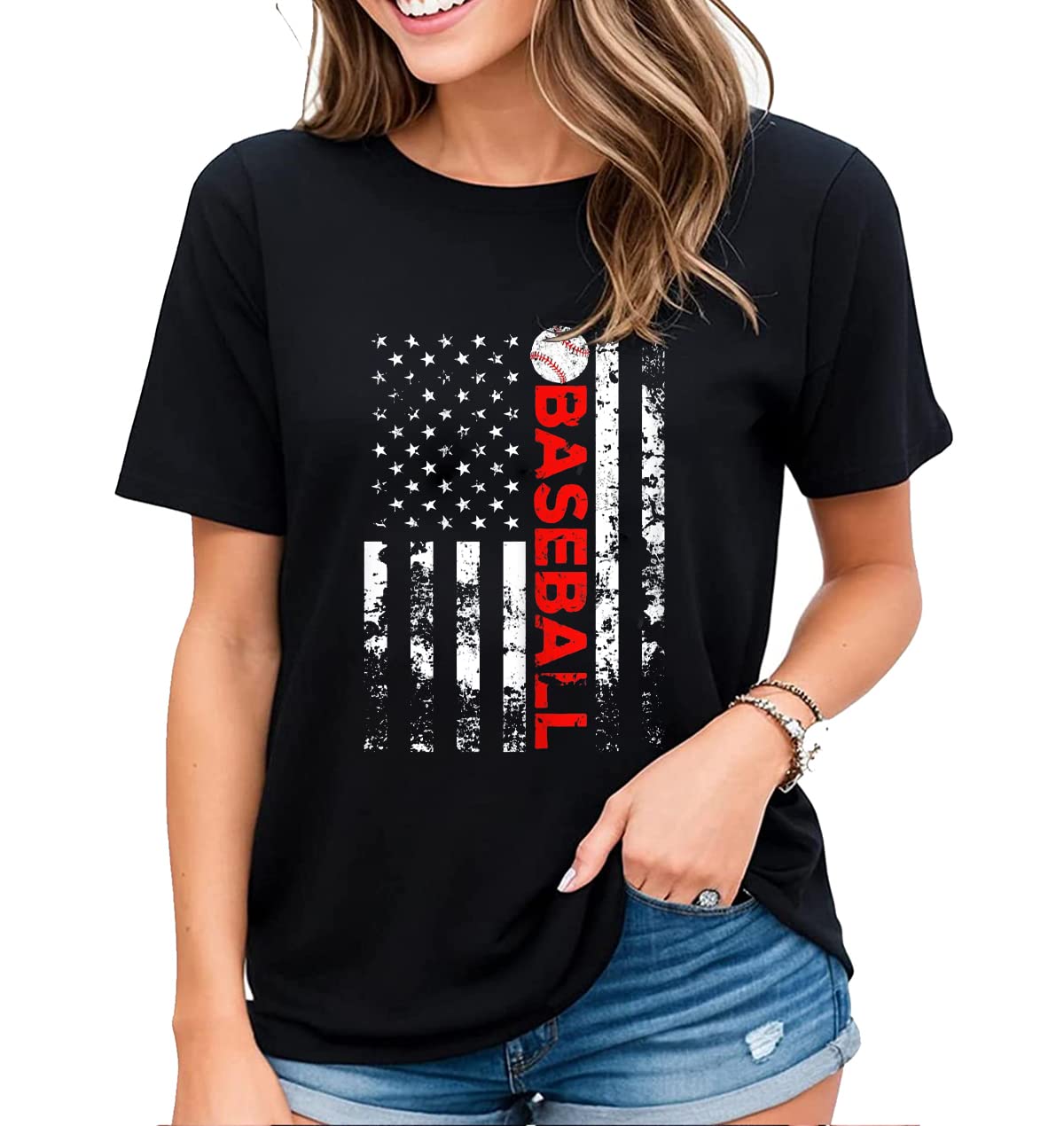 Women's T-Shirt Baseball Game Novelty Graphic Baseball American Flag Baseball Lovers Gift Short Sleeve Tops