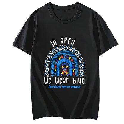 We Wear Blue for Autism Awareness T-Shirt Summer Casual Round Neck Short Sleeved Top