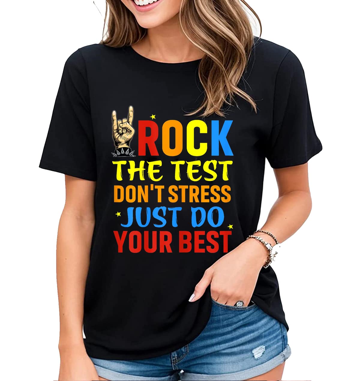 Tshirt for Women Funny Test Day Rock The Test Don't Stress Just Do Your Best Casual Short-Sleeved Tops