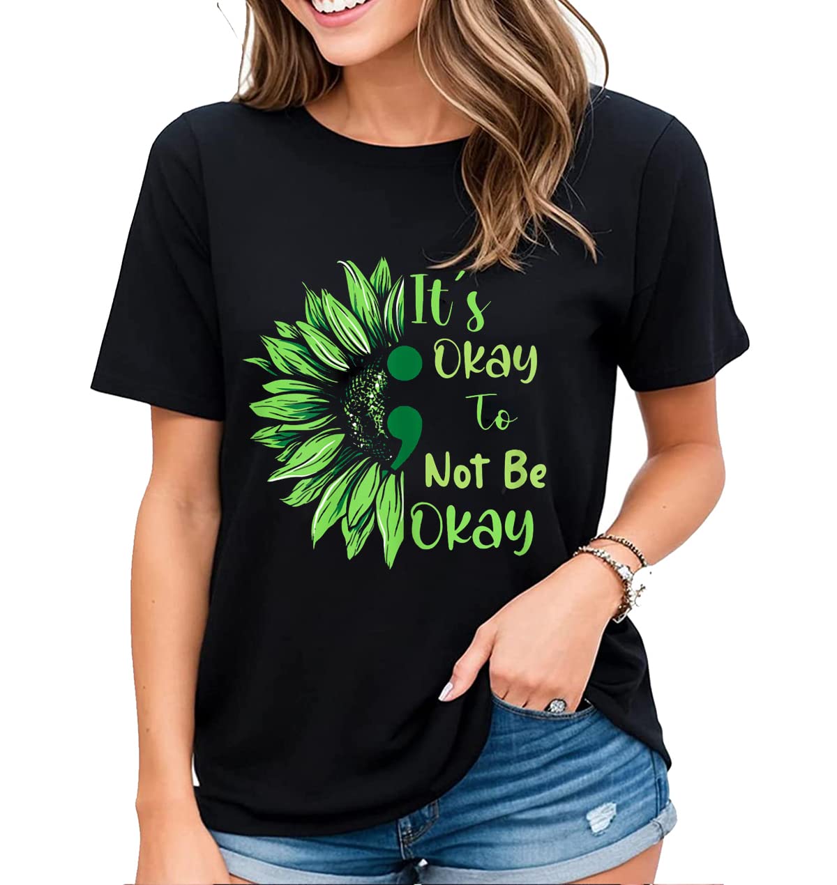 Women's Tshirt Mental Health Awareness Tee Green Ribbon Animal Botanical Graphic Casual Short Sleeve Tops