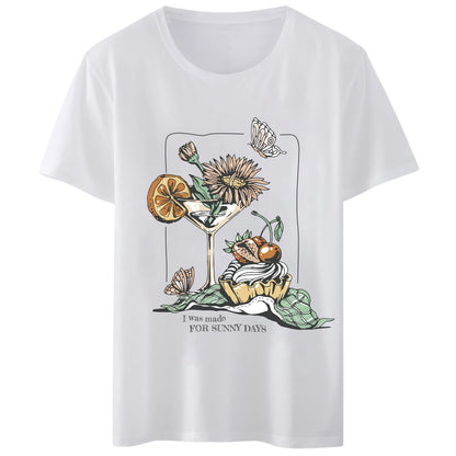 Women T-Shirt I was Made for Sunny Days Butterfly Chrysanthemum Print T-Shirt Round Neck Casual Tee