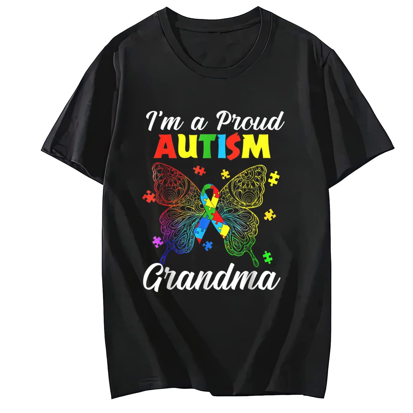 I'm A Proud Autism Grandma Puzzle Ribbon Butterfly Awareness Short Sleeve T-Shirt