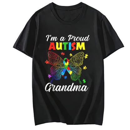 I'm A Proud Autism Grandma Puzzle Ribbon Butterfly Awareness Short Sleeve T-Shirt