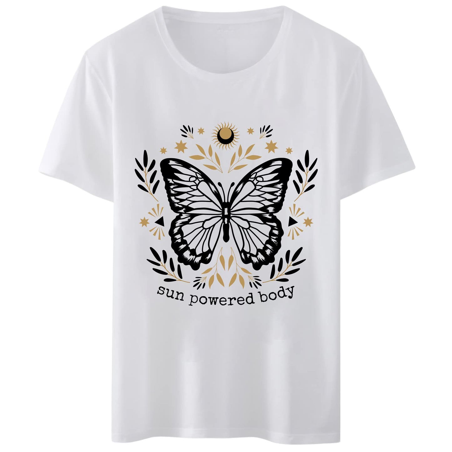 Women T-Shirt Sun Powered Body Butterfly Print Round Neck Tops Short Sleeve Casual Tee