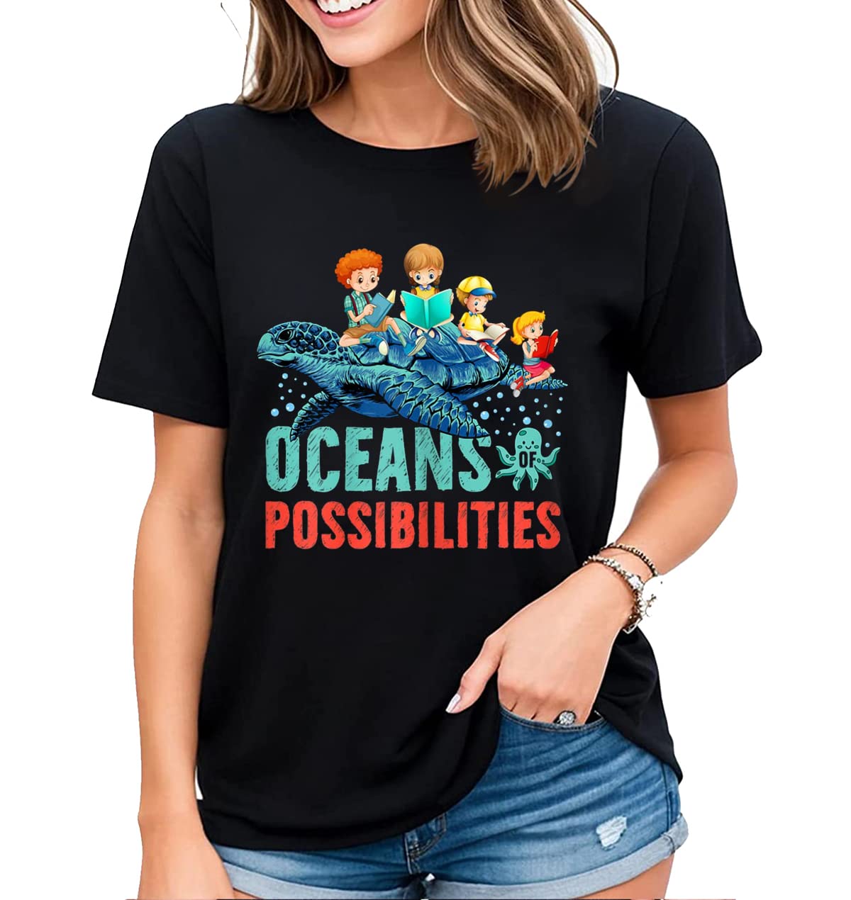 Women's Tshirt Reading Librarian Shirt Ocean of Possibilities Casual Summer Tops