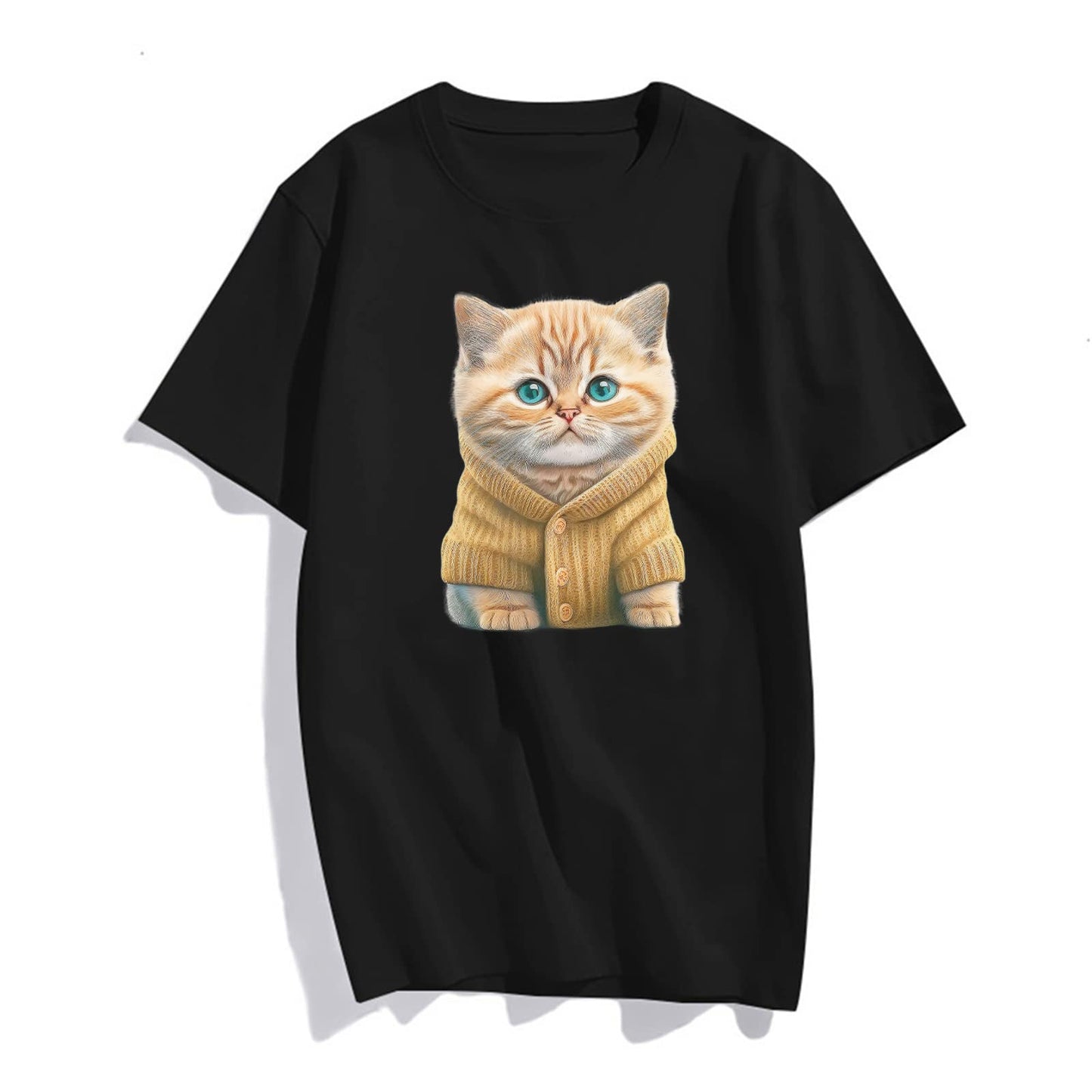 Women Cute Yellow and Brown Cat Print T-Shirt Fashion Short-Sleeved