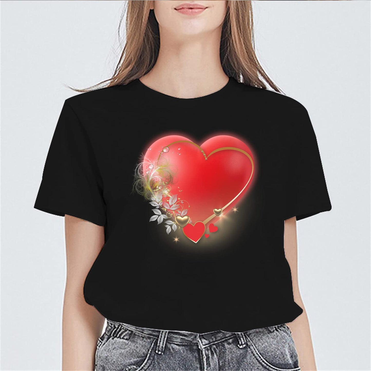 Red Love Graphics Tshirts Women Casual Short Sleeve Round Neck Tops
