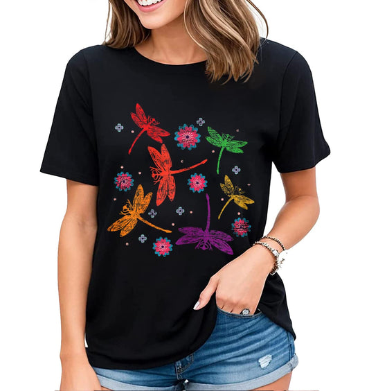 Colorful Dragonfly Graphic T-Shirt Womens Fun Insect Dragonfly Lovers Casual Tops