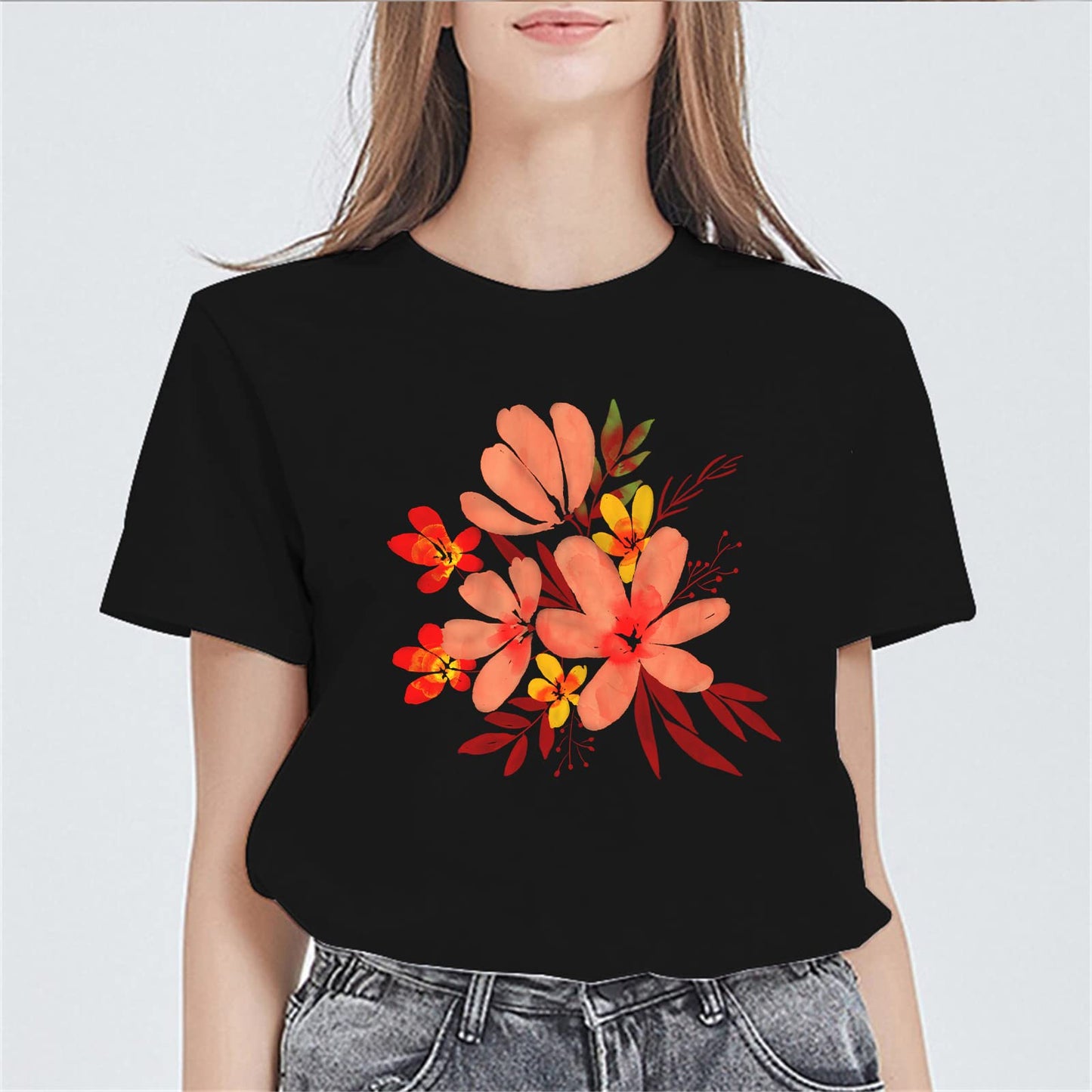 Womens Flower Graphic Tshirts Casual Short Sleeve Tops Women's