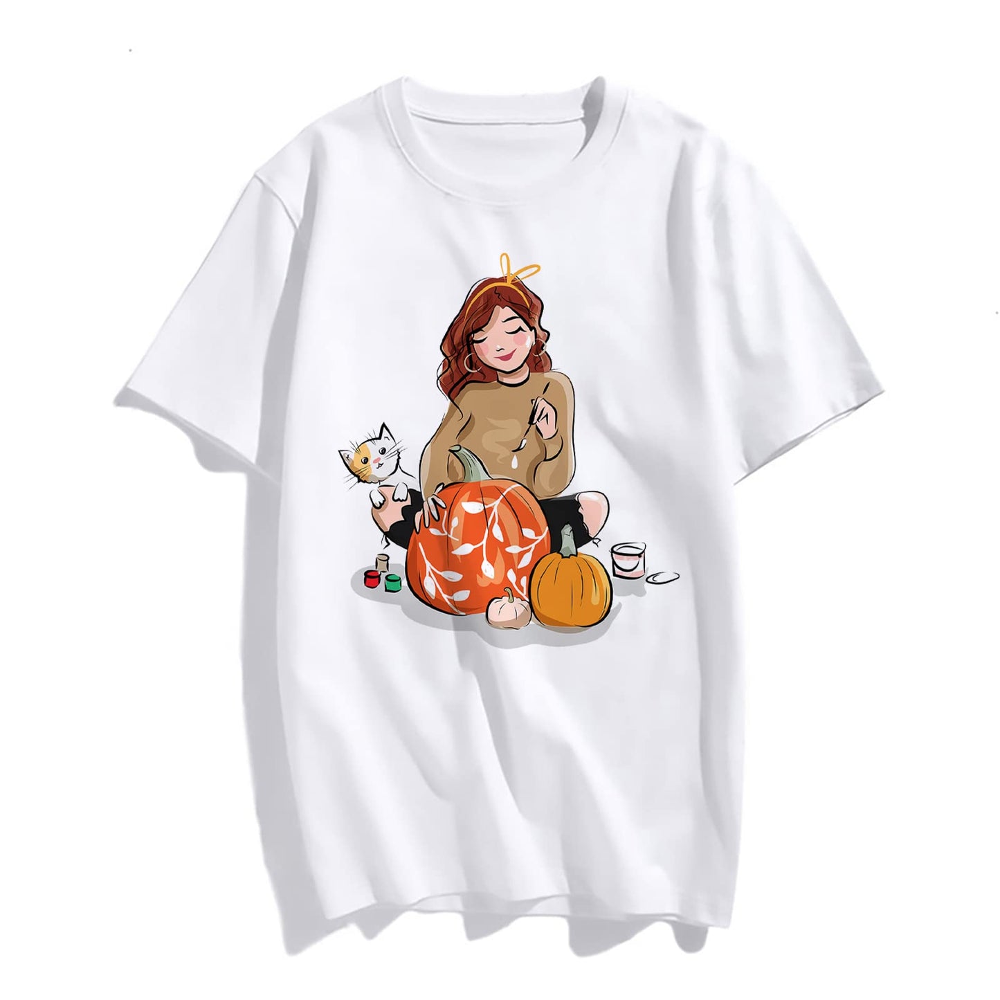 Cat Pumpkin Graphic Tshirts Casual Short Sleeve Tops Women's Teens Girl