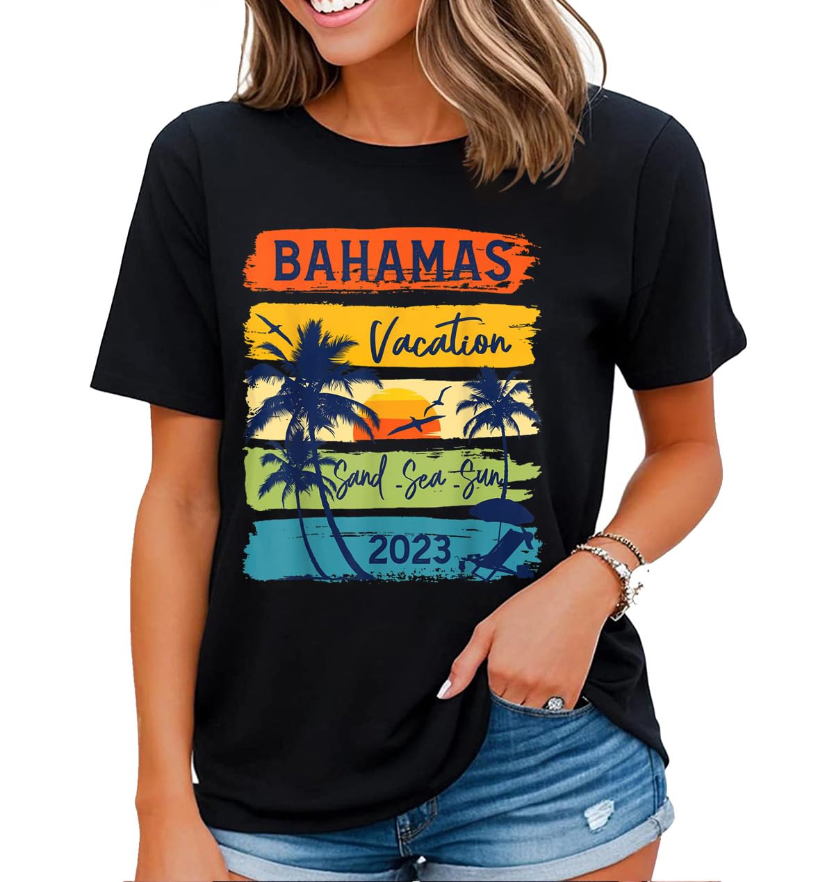 noozuo Bahamas Travel Vacation Shirt Womens Beach Summer Surf Beach Palm Tree T-Shirt