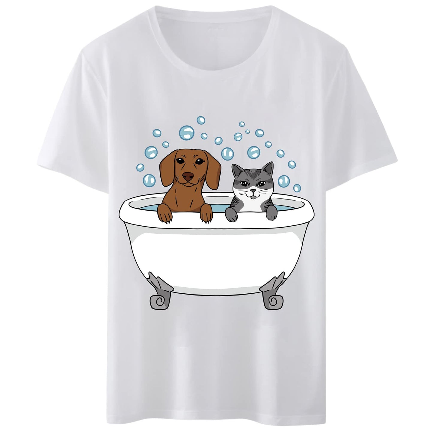 Women T-Shirt Bathtub Cat Dog T-Shirt Round Neck Tops Short Sleeve Casual Tee