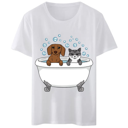 Women T-Shirt Bathtub Cat Dog T-Shirt Round Neck Tops Short Sleeve Casual Tee