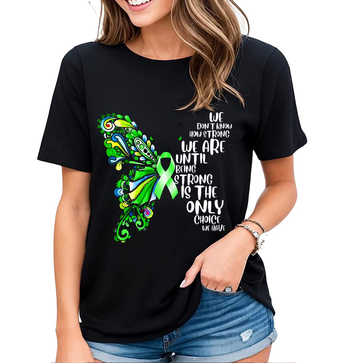 T-Shirt for Women No One Fights Alone Mental Health Awareness Green Ribbon Casual Short Sleeve Tops