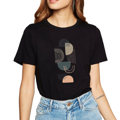 Geometric Pattern T-Shirt - Women's Black and White Tops