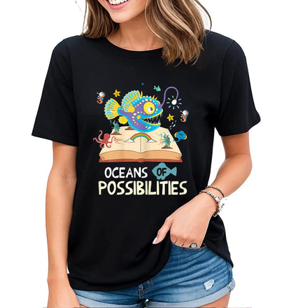 Women's Tshirt Reading Librarian Shirt Ocean of Possibilities Casual Summer Tops