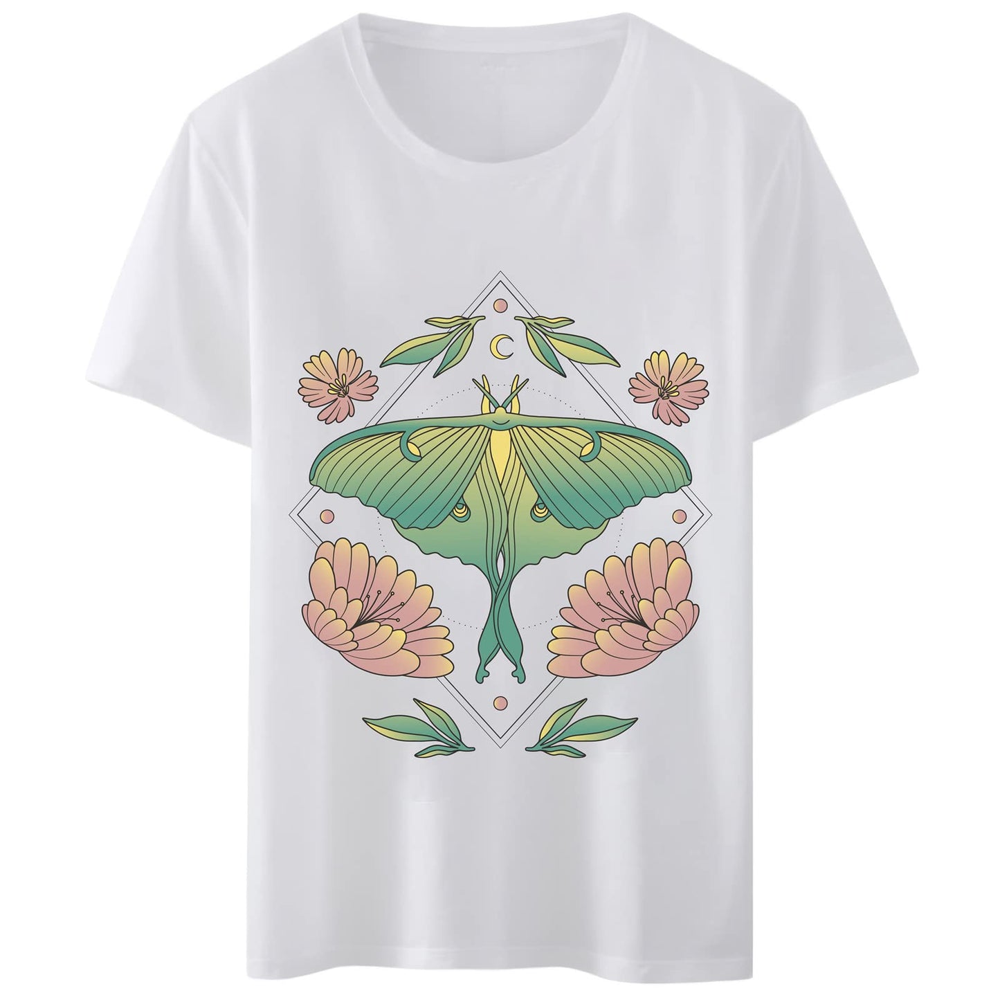 Women T-Shirt Butterfly Flower Moon Print Round Neck Tops Short Sleeve Casual Tee