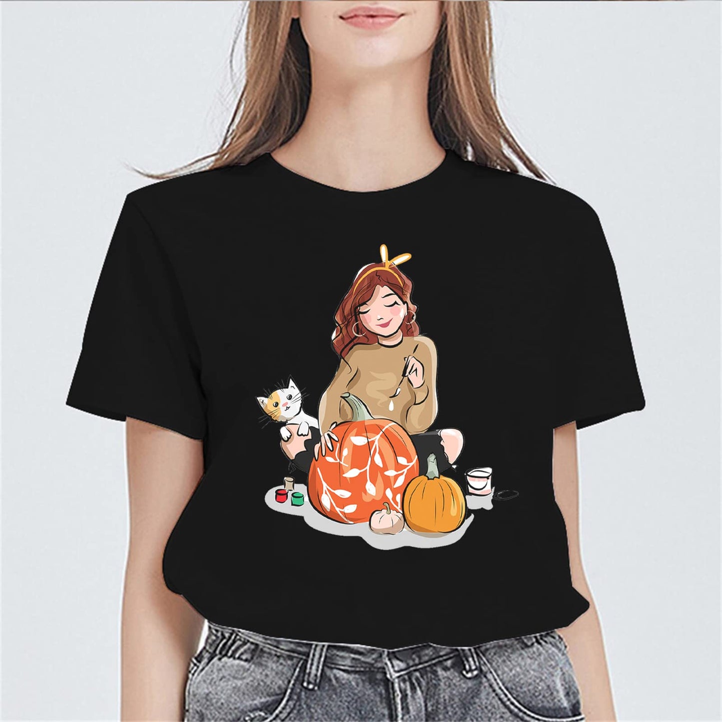 Cat Pumpkin Graphic Tshirts Casual Short Sleeve Tops Women's Teens Girl