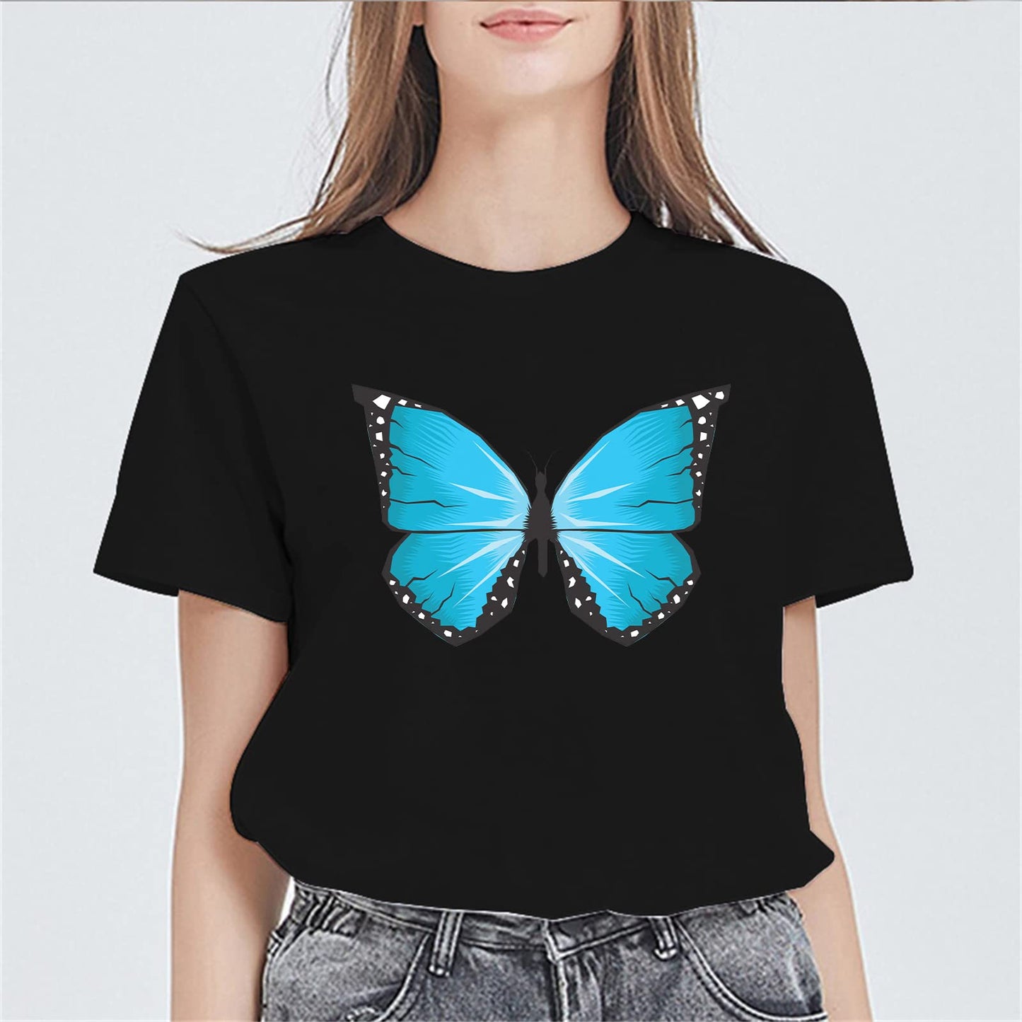 Women Butterfly Blue Print T-Shirt Fashion Short-Sleeved Top