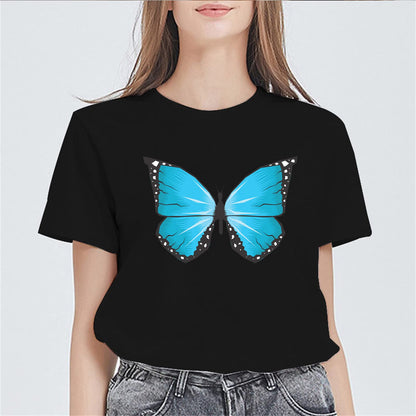 Women Butterfly Blue Print T-Shirt Fashion Short-Sleeved Top